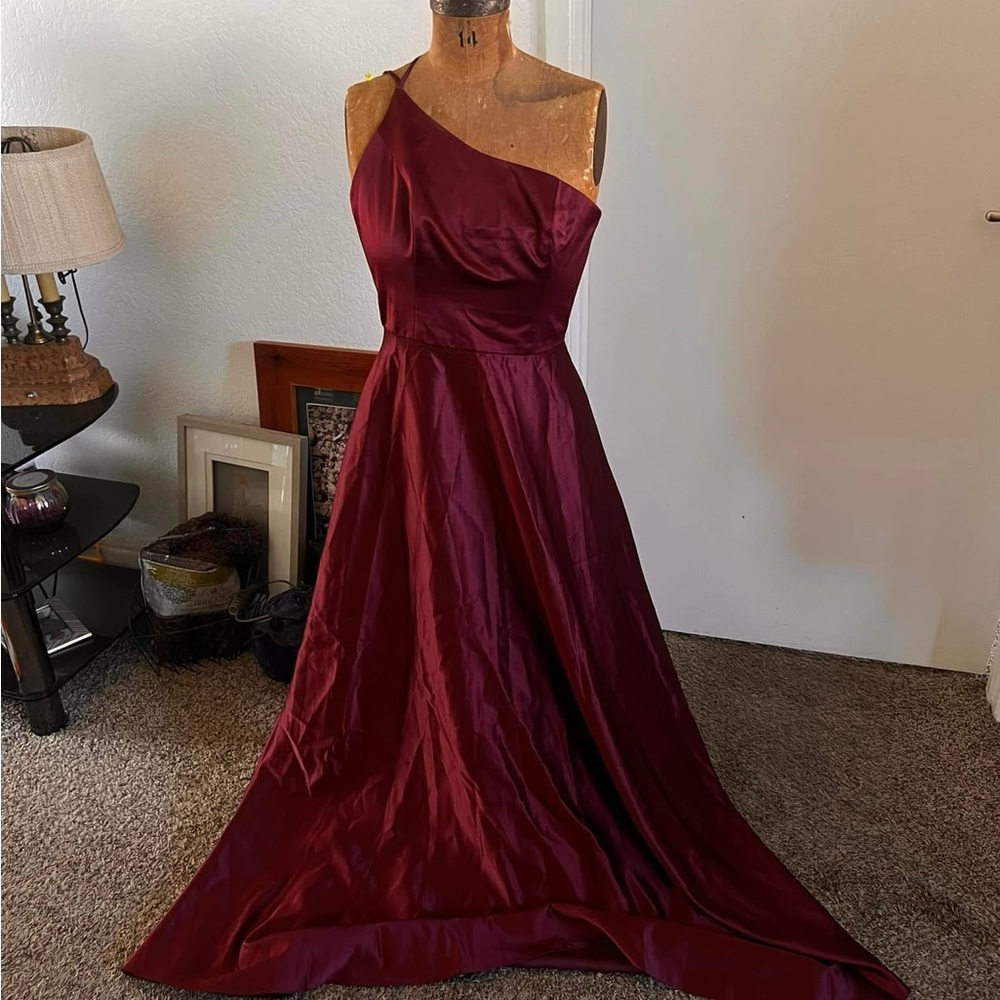David's Bridal One-Shoulder Wine Dress